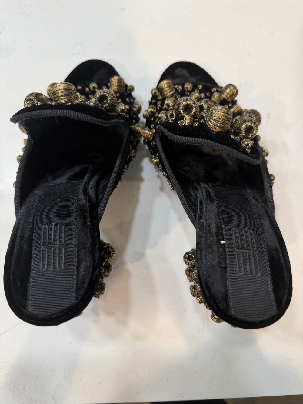 Sanayi 313 Black Velvet Slide Sandals with Gold Bead Embellishment